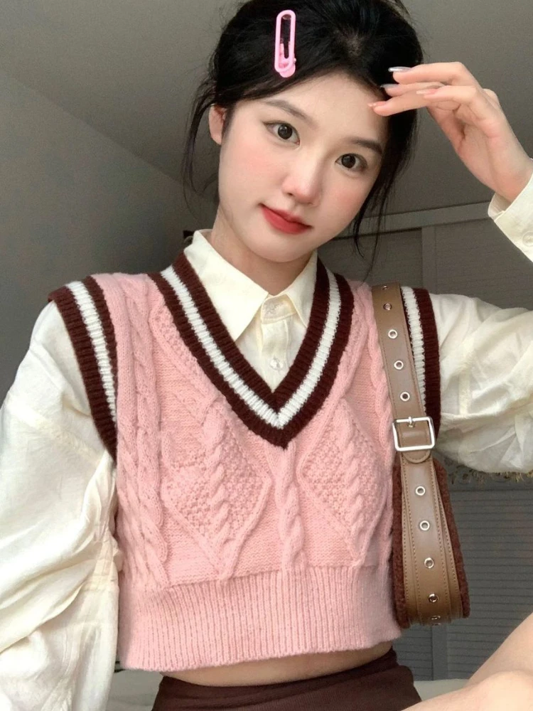 Sweater Vest Women Striped Knitting All-match Slim Cropped Sweet Spring V-neck Cozy Fashion Preppy Style Ulzzang Simple Pink Ins