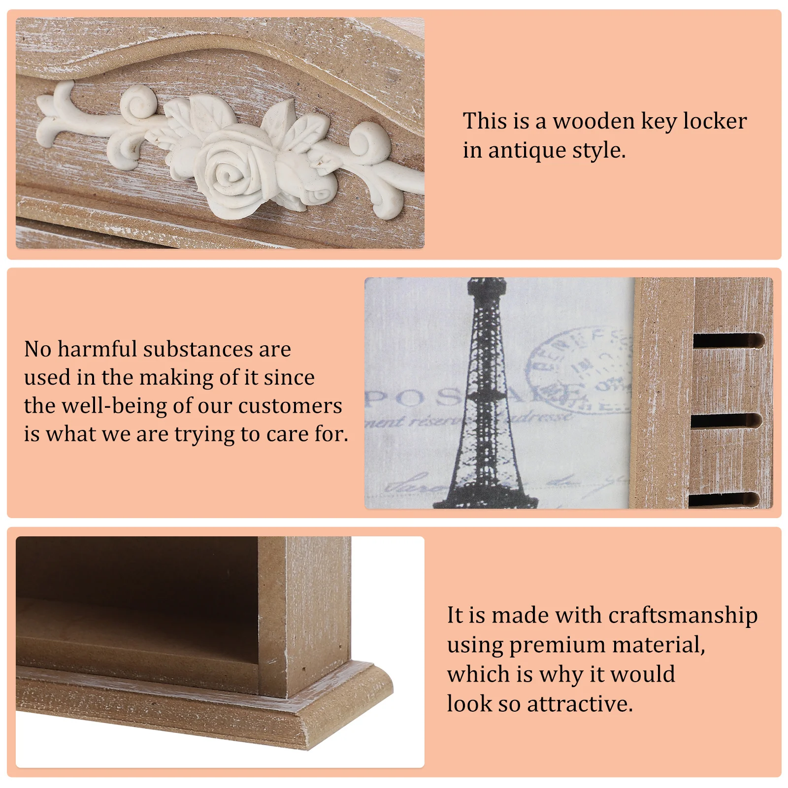 

1pc Wooden Box 6 Pegs Style Home Restaurant Use Wood Color Living Room Key Case Photo Frame Included Key Storage