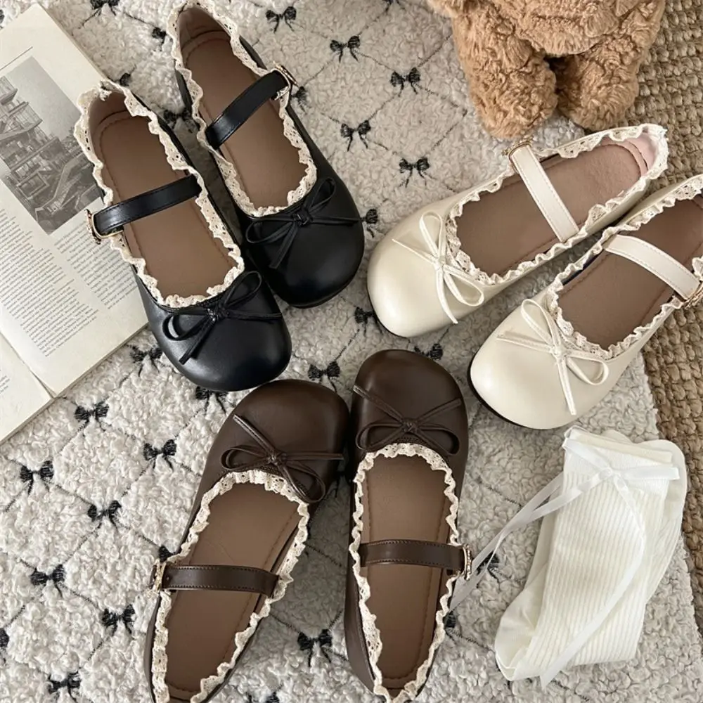 أحذية مسطحة من جلد البولي يوريثان قابلة للتنفس JK بفيونكة حلوة كاجوال أحذية باليه مسطحة بنعل ناعم من الدانتيل مكشكشة أحذية ماري جين للحفلات #4