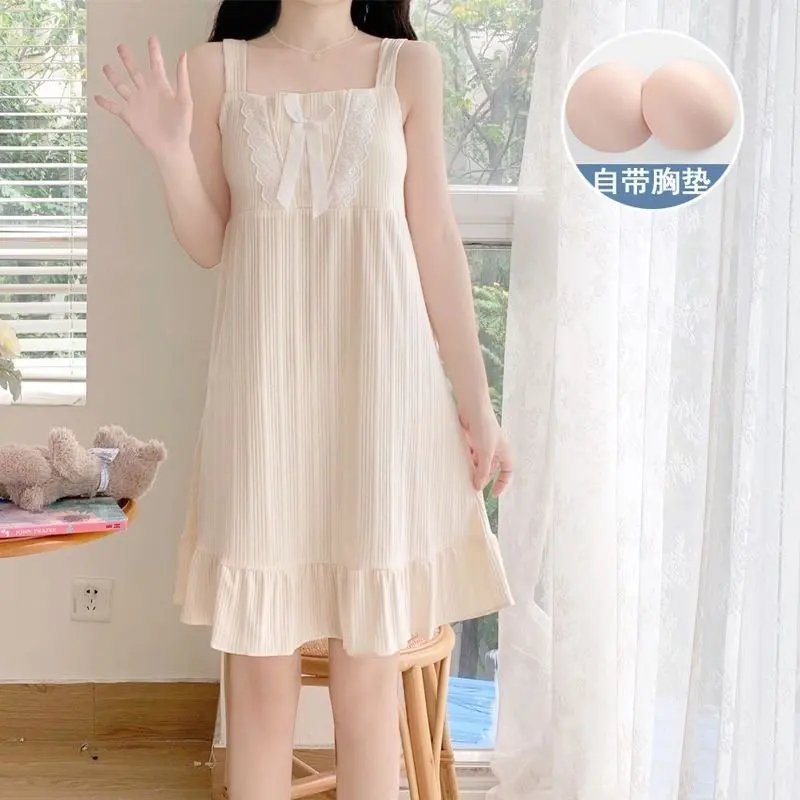 

Summer Straps Nightgown for Ladies Cute Peach Girl Home with Chest Cushion Loose Milk Silk Pit Strip Little Fresh Sleepwear