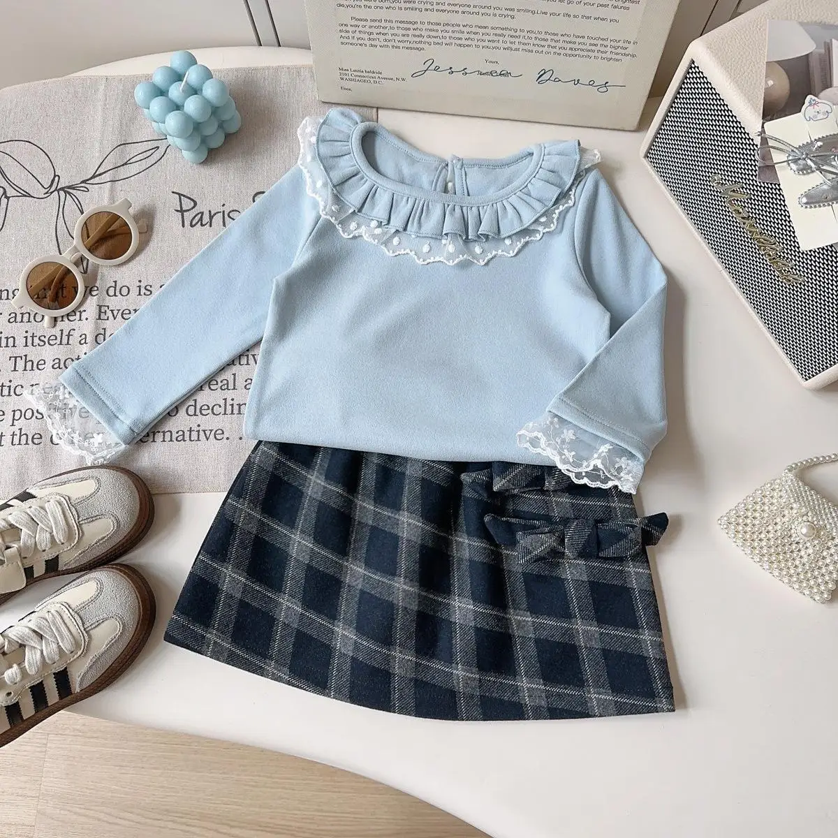 246 Baby Girls Spring Autumn Clothing Sets Lace Tops Sweaters Shirts+plaid Skirts,fashion Kids Children Birthday Casual Clothes