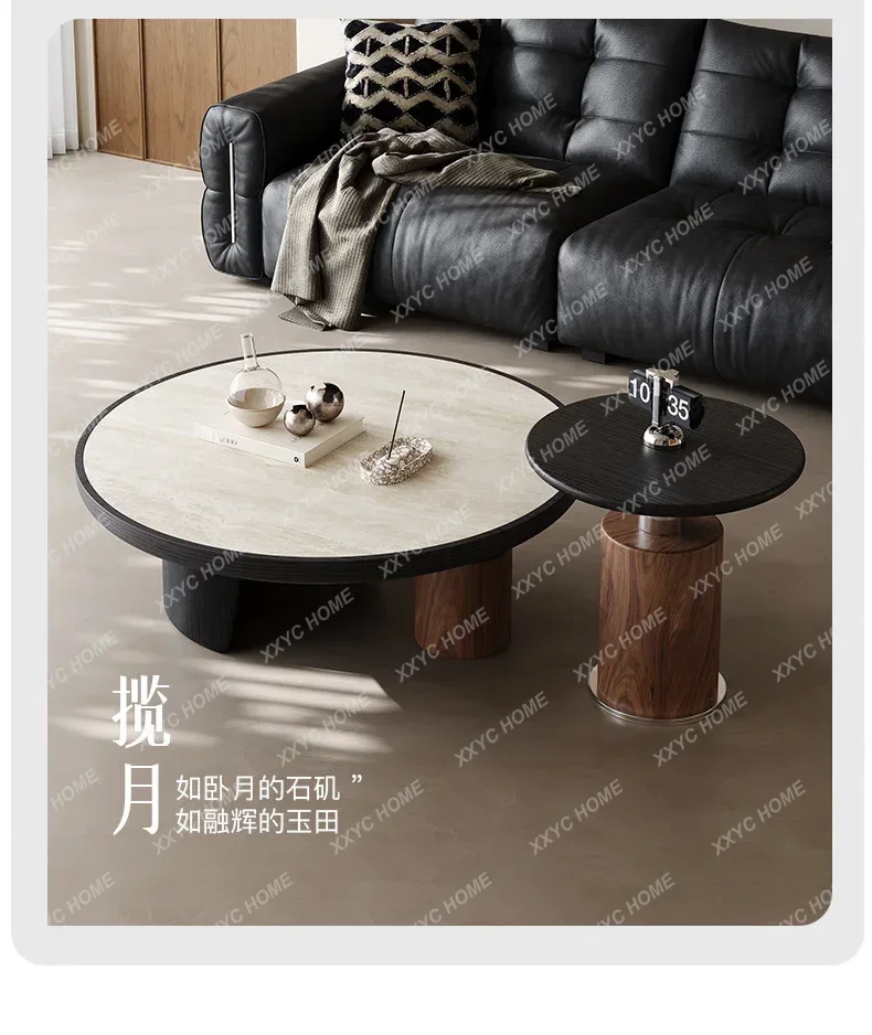 

SSC Medieval Travertine Coffee Table Small Apartment Living Room Household Round New Light Luxury High Sense