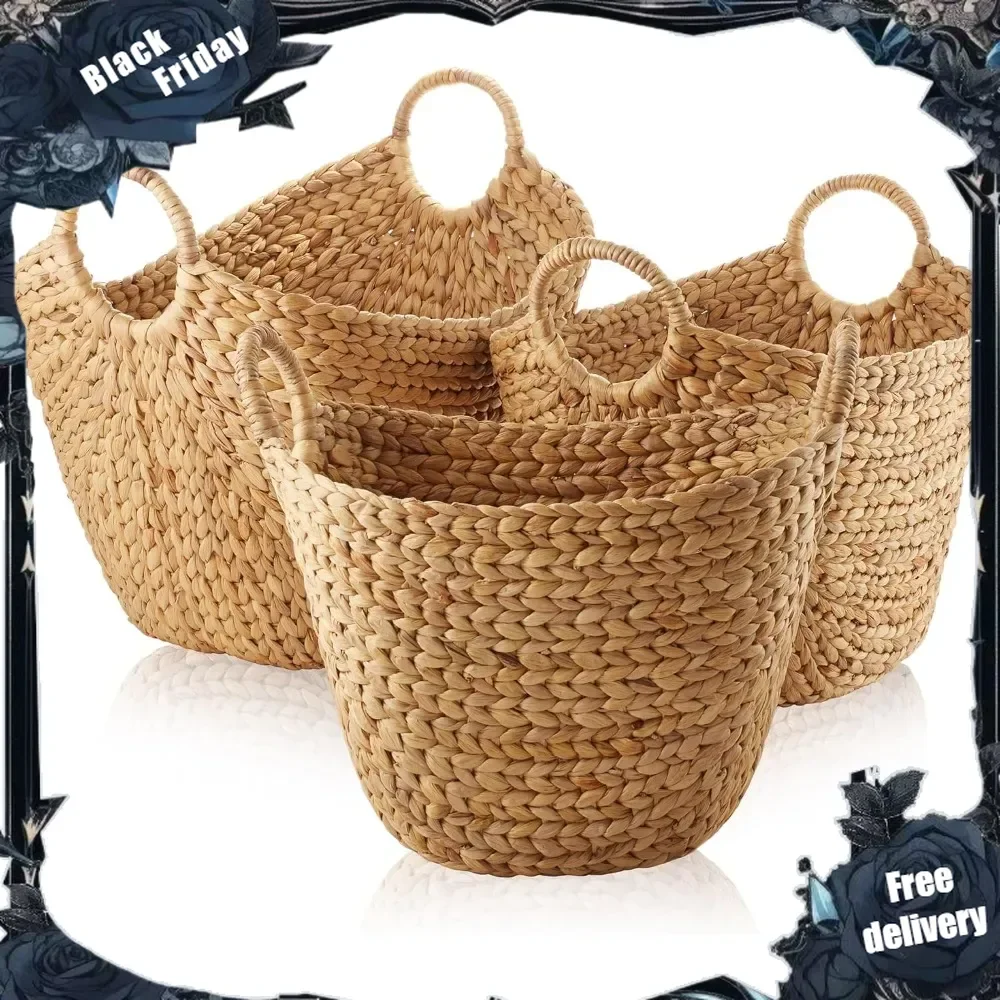 

Set of 3 Multipurpose Boat Baskets with Handles - Natural, Woven Water Hyacinth Storage Organizers for Throw Blankets