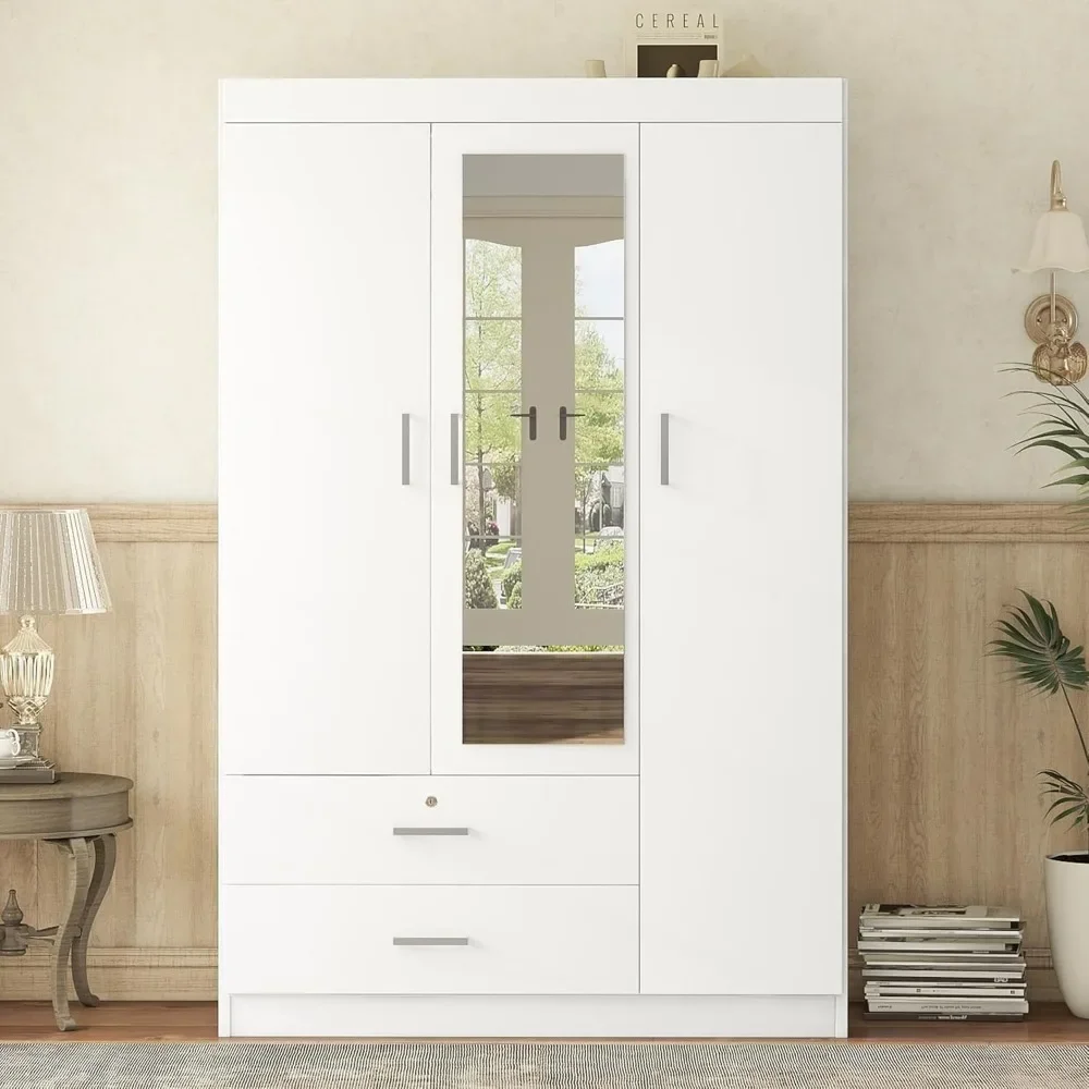 Spacious White Three-Door Wardrobe with Full-Length Mirror, Two Drawers, Shelves, and Lockable Storage