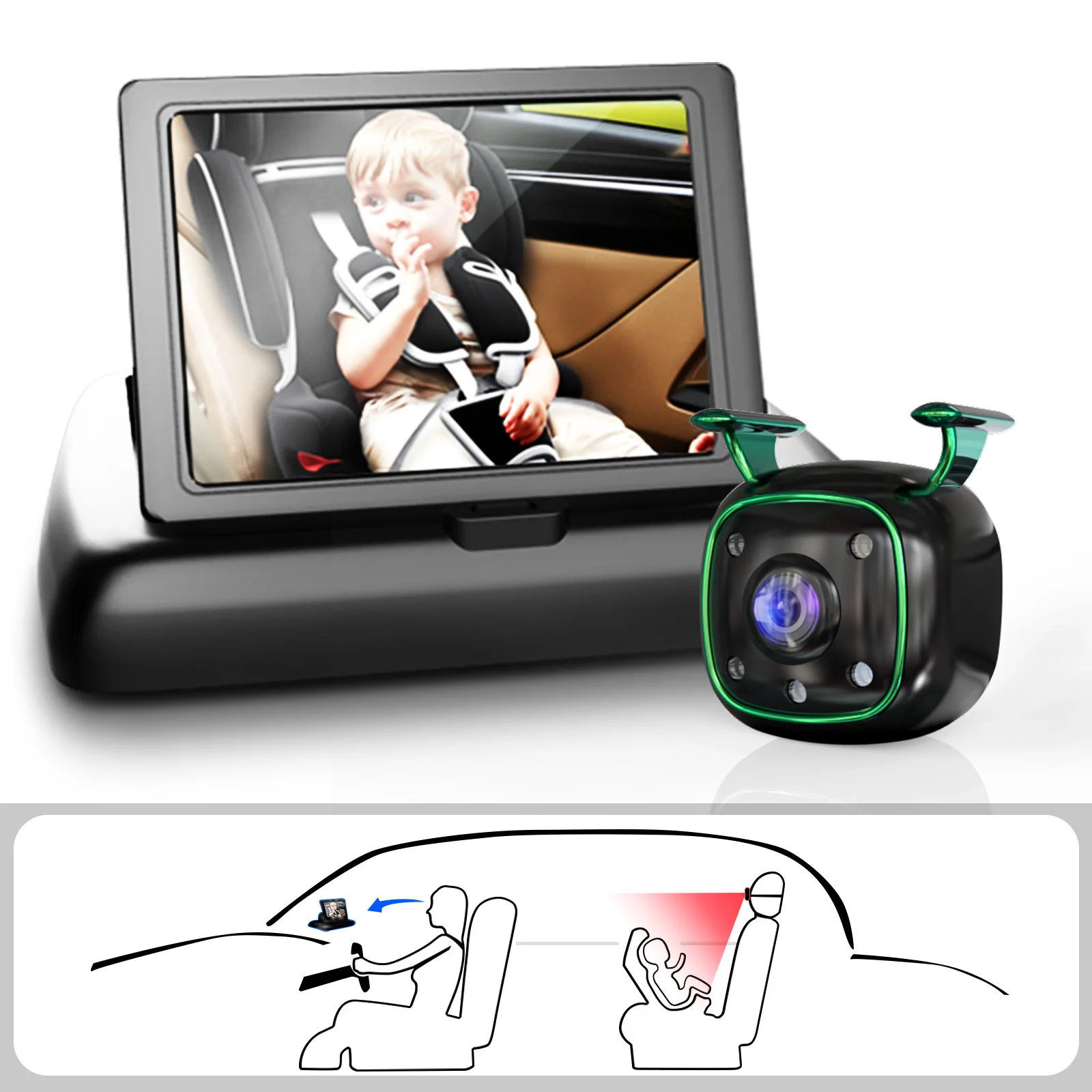 

4.3 Inch Foldable Back Seat Baby Car Mirror With Camera HD Night Vision Safety Car Seat Baby Monitor For Vehicle