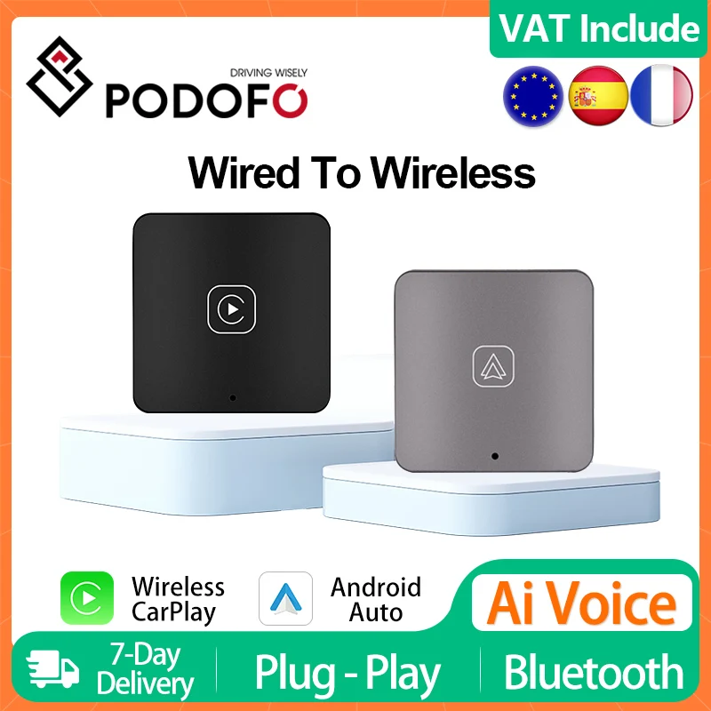 Podofo Play And Play Wired To Wireless CarPlay Ai Box Android Auto Adapter For All Car Universally Radio Dongle Ai Voice WiFi BT