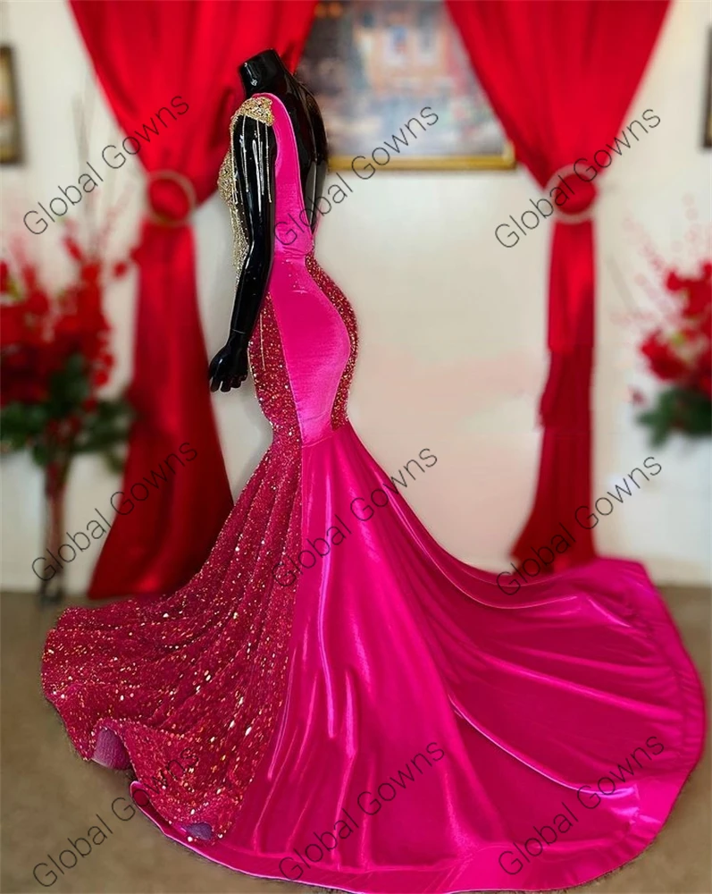 Vestido de fiesta largo con cuello redondo y lentejuelas para niñas negras, vestido de fiesta de cumpleaños con borlas y cuentas, Formal de sirena, 2023