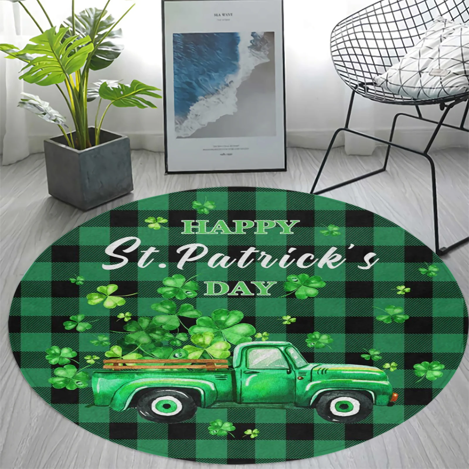 HX Happy St. Patricks Day Round Rug Flannel 3D Printed Green Truck Clover Plaid Carpets for Living Room Area Rug Home Decor