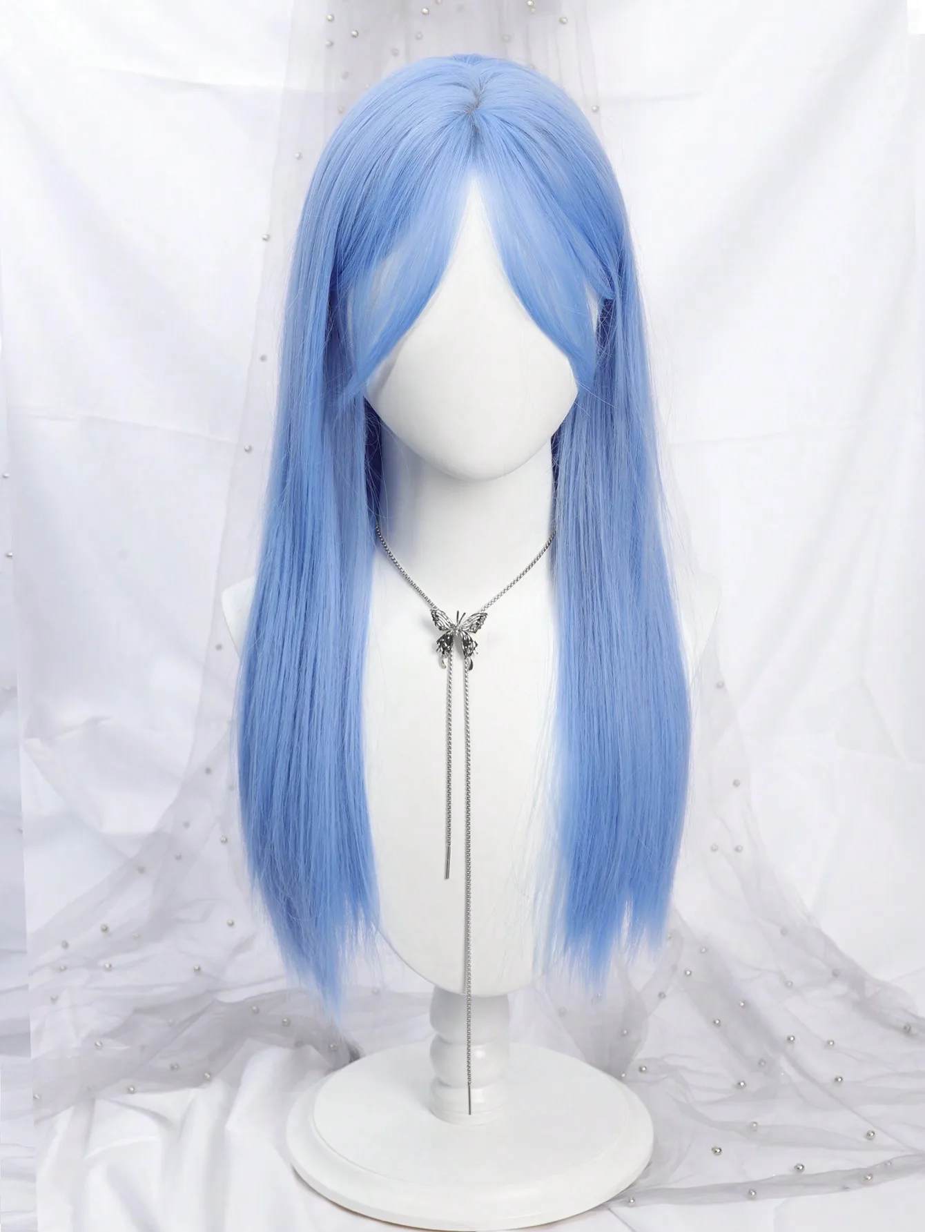 24'' Long Straight Blue Wig Synthetic Straight Hair Middle Part Bangs S-Shaped Hairline Natural Looking Wigs For Party Daily Use