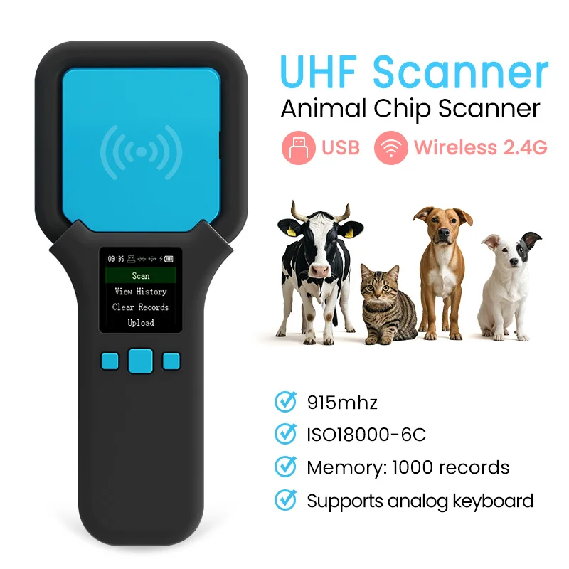 W91F UHF Animal Tag Reader ISO 18000-6C 915mhz RFID Pet Microchip Scanner Microchip For Pet/Dog/Cat/Pig 1000 Data Storage  TFT