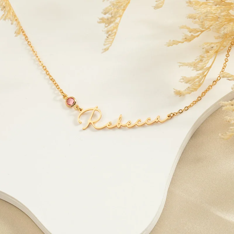 

Custom Gold Birthstone Necklace Personalized Cursive Pendant with Inlay Dainty Chain Jewelry Customizable Month Gem Necklaces