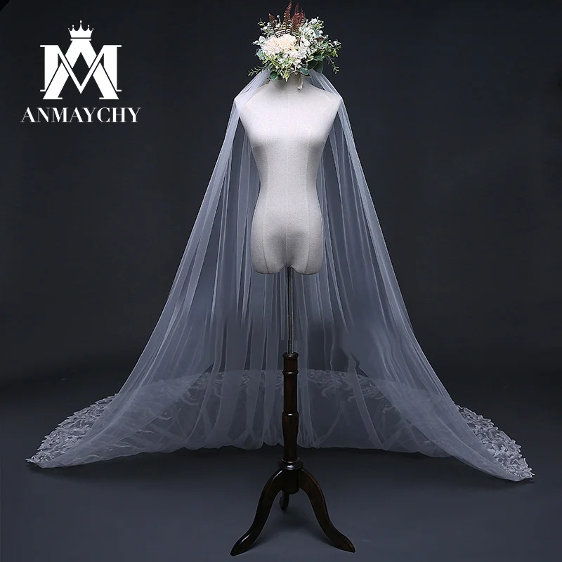 

White/Ivory Wedding Bridal Veil With Comb 2024 Two-Layer Sequined Appliques Lace Cathedral Veil Velo De Novia