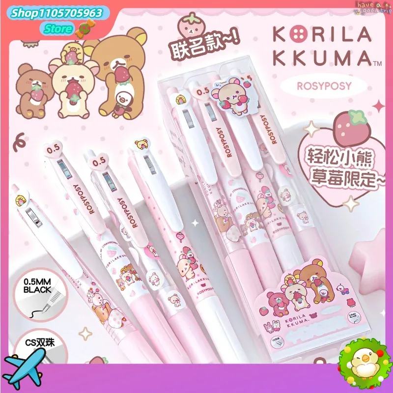 Image of Rilakkuma Erdbeer-Bär Einziehbarer Gelstift-Set Niedlicher Herzdruck Glatt Schreibende Neutralstifte für Schüler Prüfung Notizen