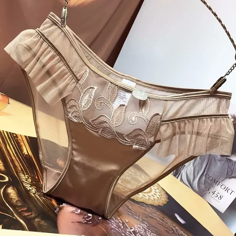 

Breathable Sexy Lace Panties Pure Desire French Satin Woman Transparent Hot Ice Silk Hollow See-Through Panties Triangle Panties