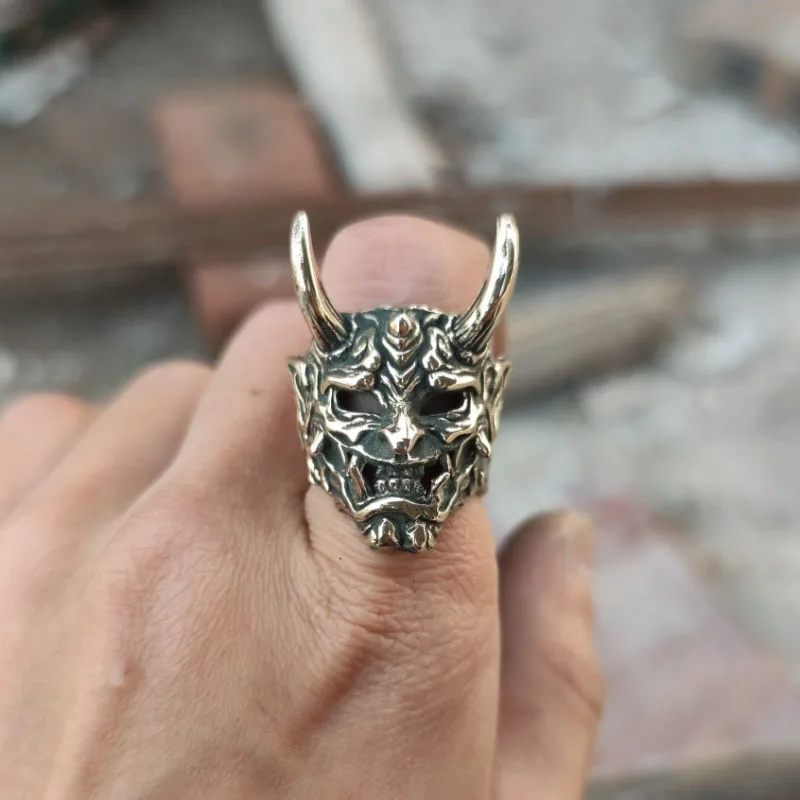 Dominant Divine Beast 925 Silver Unique Stereoscopic Design Prajna Mask Mens Rings Vintage Wide Rings for Women Banquet Jewelry