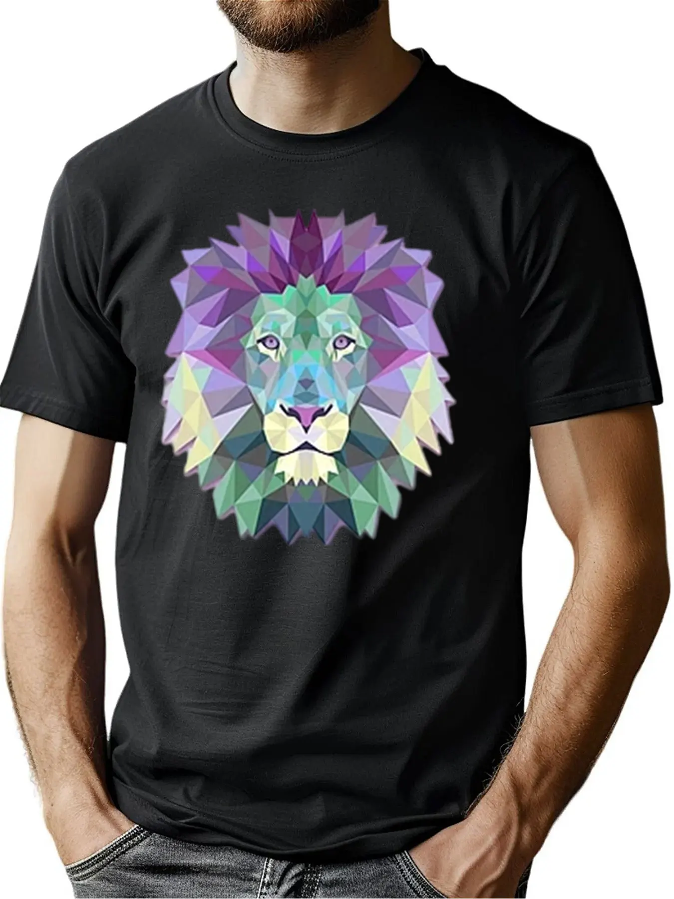 

Men's Premium Cotton Tee With Geometric Lion Head Graphic Print For Casual Outdoor Wear And Father's Day Gift