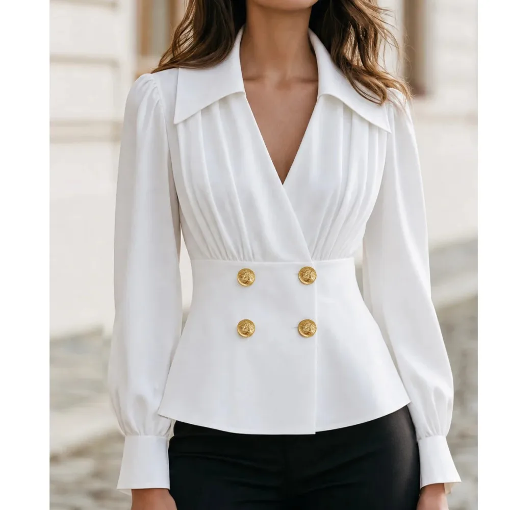 Women Elegant Lapel V‑Neck Blouse Pleated Front Double Breasted Buttons Puff Long Sleeve Slim Waist Office Casual Shirt Tops