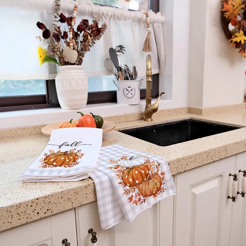 2PCS Fall Kitchen Towels Set Of 2 Orange Pumpkin Grey Check Towels Drying Dishcloth Farmhouse Home Decor