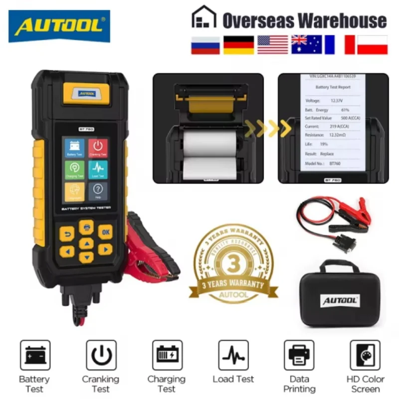 AUTOOL BT760 8-30V Car Battery Tester with Printer&Cranking Test&Charging Test&Load Test 30-2000CCA for Trucks&Cars&Motorcycles