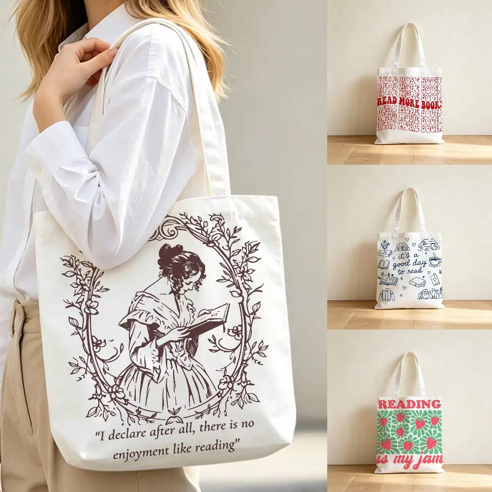 Read Books Canvas Tote Bag Waterproof Lining Large Capacity Reusable Shopping Bags Casual Student Daily Handbag