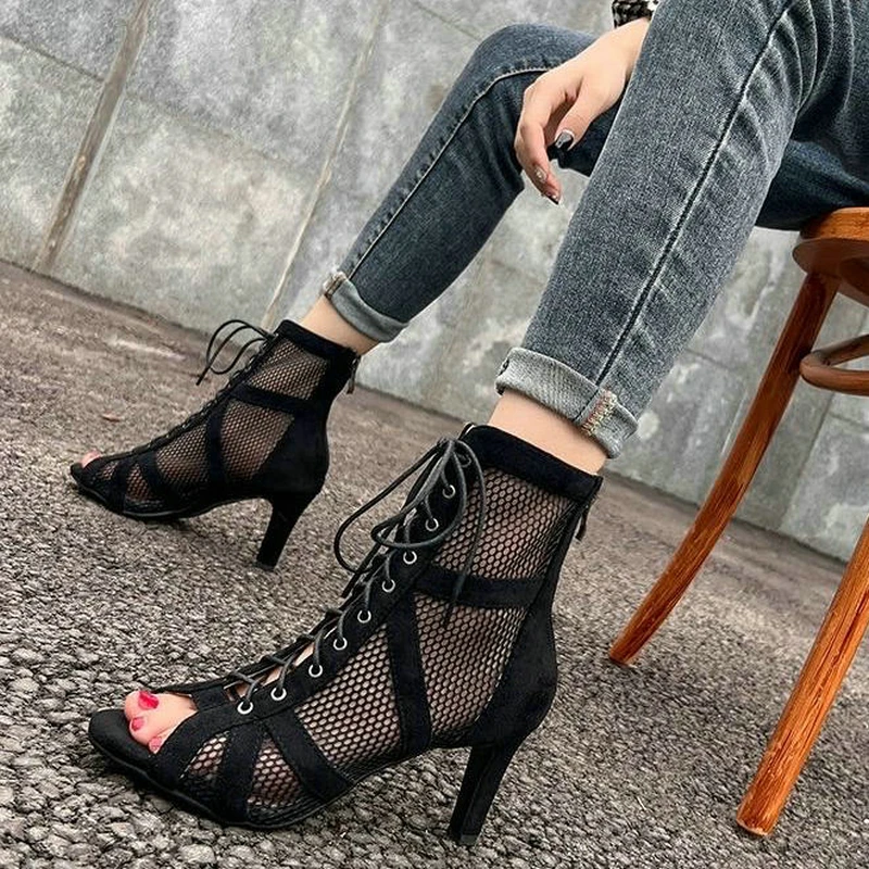 New Sexy stilettos Women Dance High Heels Shoes Cozy Modern Dance Mesh Boots Women\'s Black Ballroom Dancing shoes  Plus Sandals