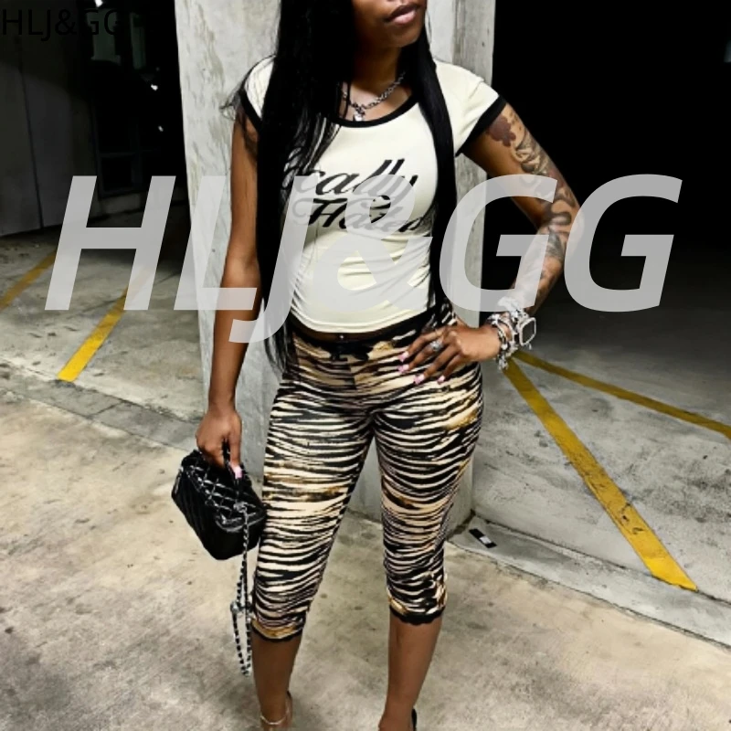 HLJ&GG Fashion Y2K Leopard Lace Shorts Two Piece Sets Women Letter O Neck Short Sleeve Slim Crop Top + Shorts Outfits Streetwear