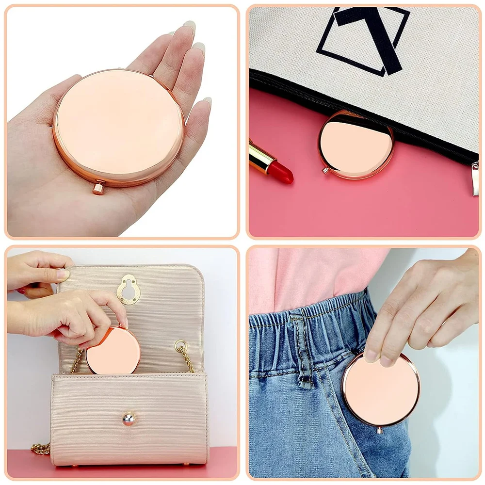 Magnifying Makeup Round Mirror Double Sided Metal Cosmetic Portable Look Glass Compact Handheld Mirror Rose Gold Letter Pattern