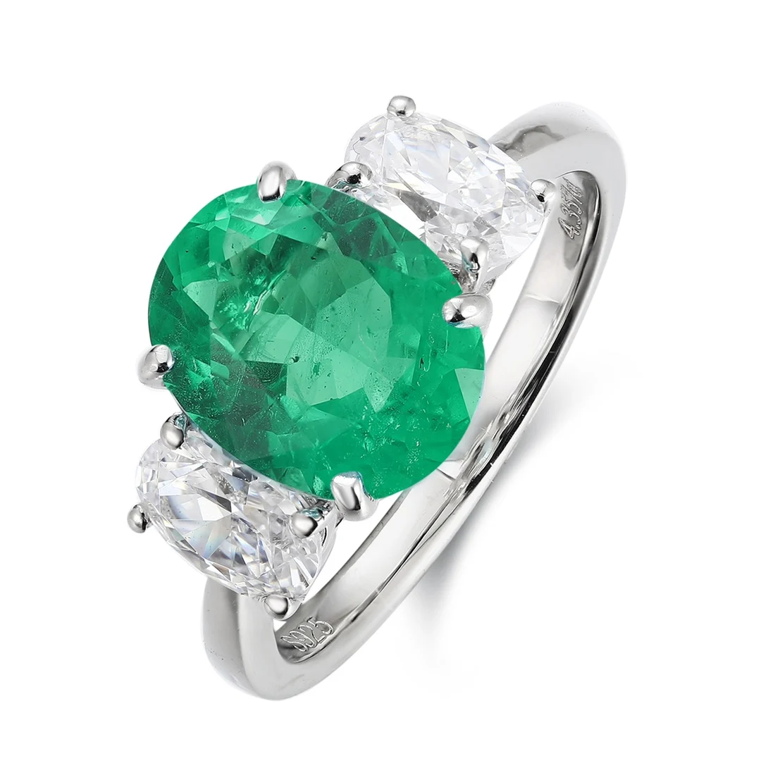 Vintage 3 Stone Ring Lab Grown Emerald Engagement Ring Rhodium Plated 925 Silver for Women Gift Party Wedding Personalized Rings