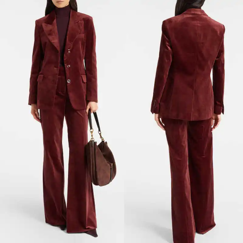 

Vintage Corduroy Women Suits Single Breasted Peaked Lapel Pants Sets 2 Pieces Autumn Winter Customized Wear