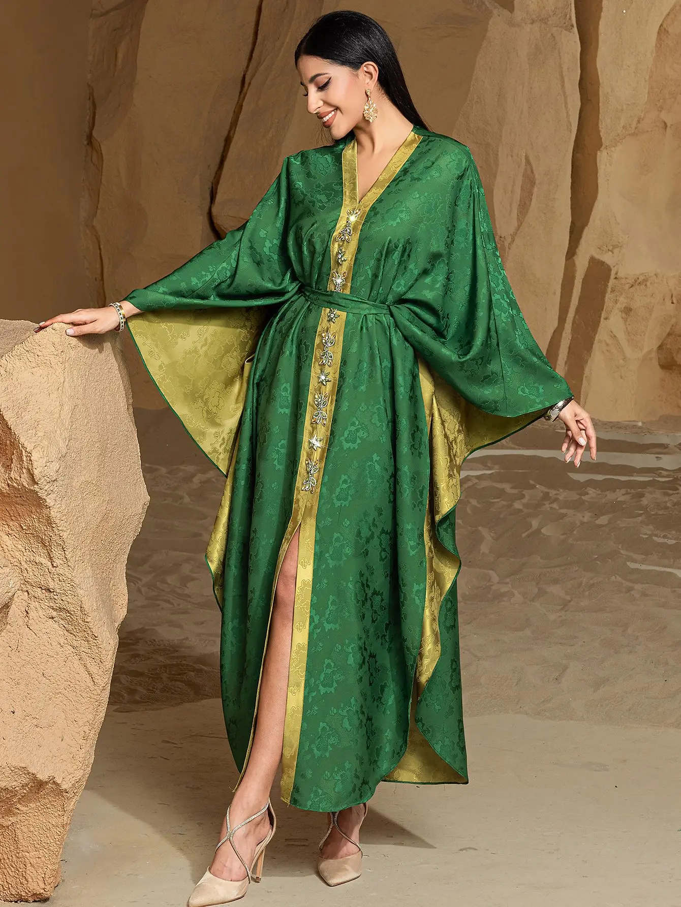 Ramadan Eid Verde Raso Abaya Diamanti Dubai Lusso Islam Musulmano Abiti Africani per Le Donne Caftano Robe Femme Musulmane Djellaba