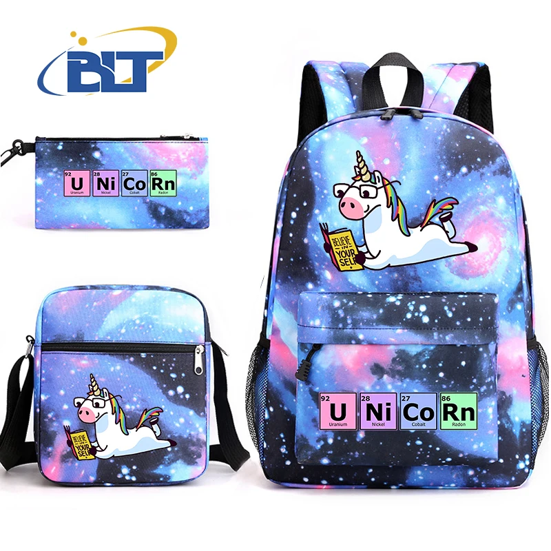 Set tas sekolah anak muda motif unicorn, tas ransel anak, tas bahu tempat pensil 3 buah