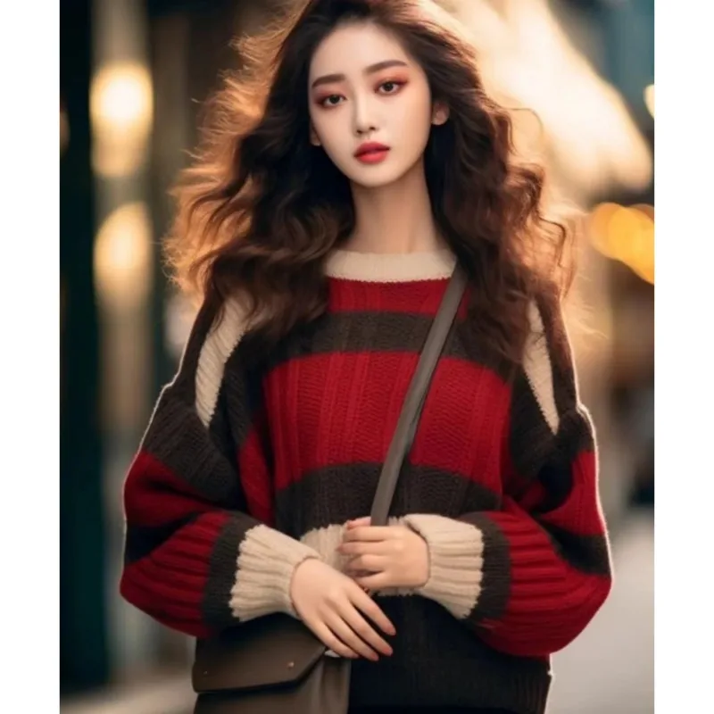 Stricken frauen Pullover Koreanische Winter Kleidung Mode Lose Herbst Freizeit Jumper Streifen Lange Ärmel Frauen Pullover