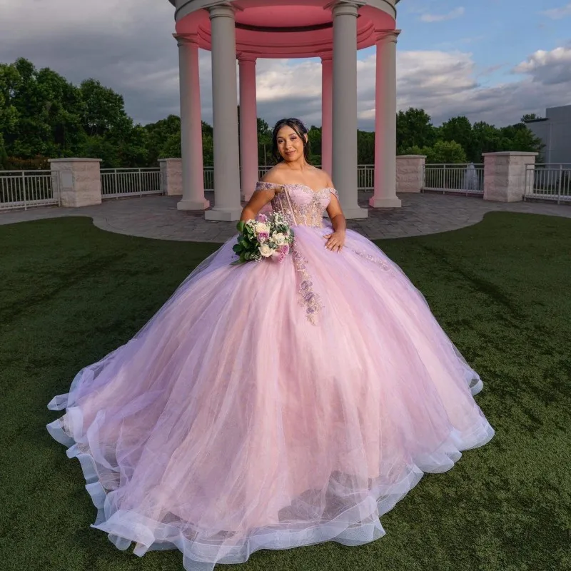 Doymeny rosa Korsett Prinzessin Spitze Applikationen Perlen von der Schulter Tull Quince anera Kleider Mädchen Ballkleid süße 16 Kleider