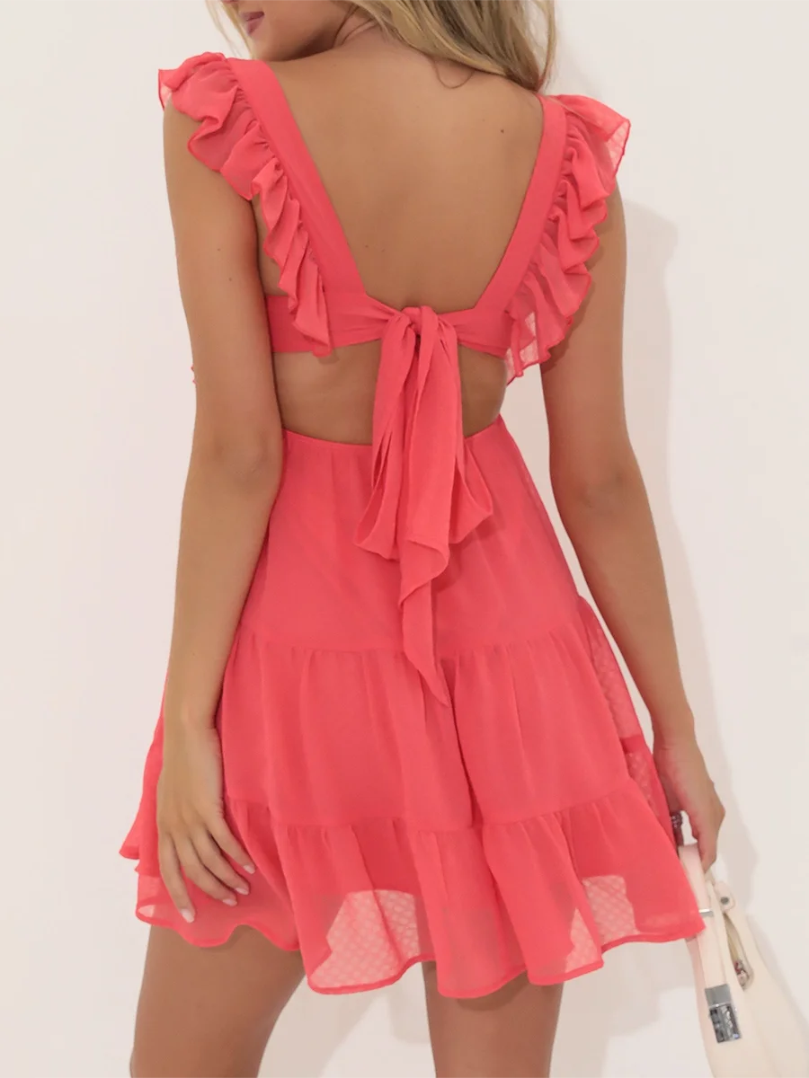 Ruffle Strap Babydoll Ruffle Dress ผู้หญิงแขนกุดคอสี่เหลี่ยมสีทึบ Flowy Dress ฤดูร้อนเปิดกลับชุดมินิ