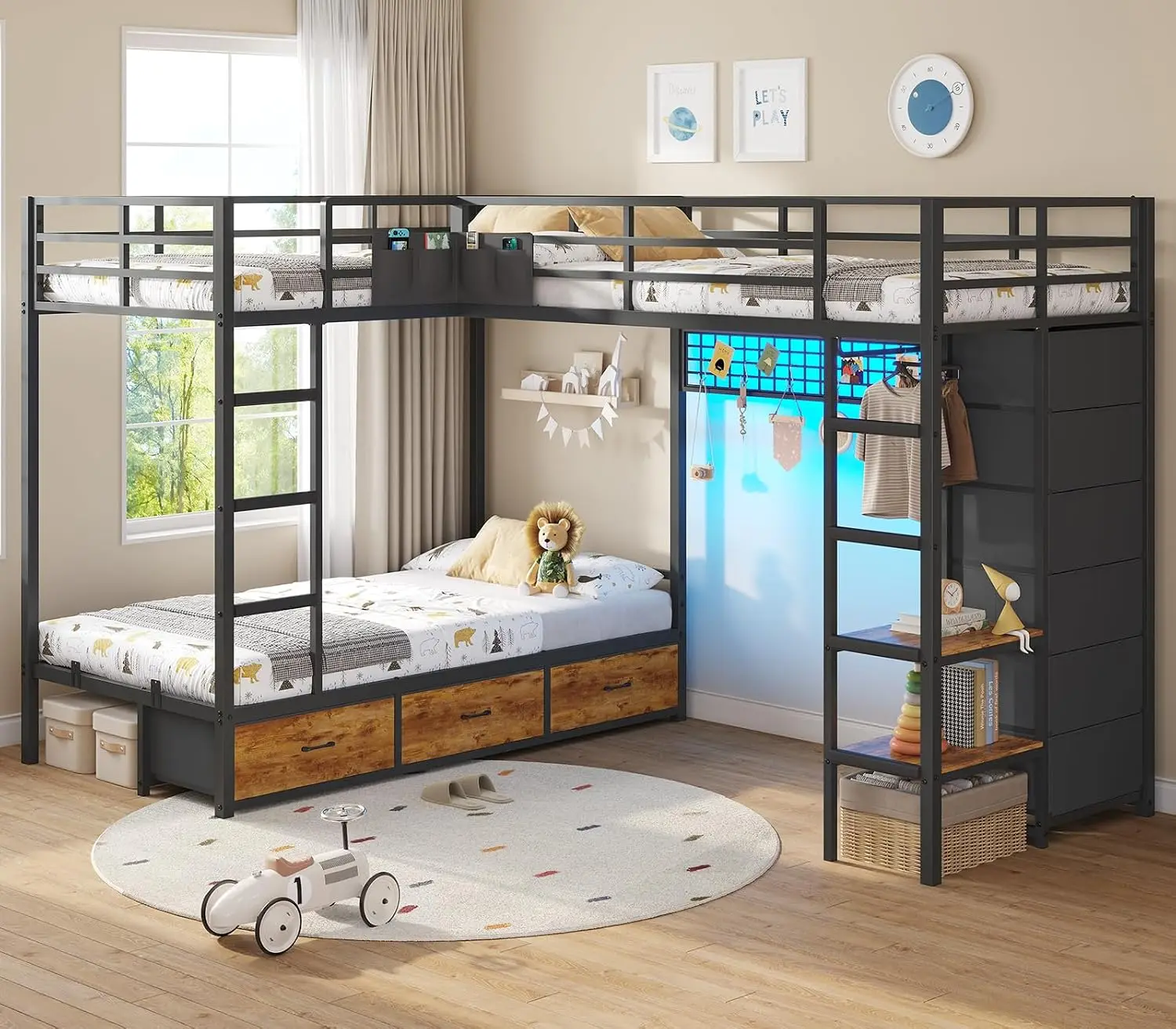 Triple Bunk Bed with 9 Storage Drawers and LED Lights, Twin Over Twin 3 Bed Bunk Beds for Kids with Shelves and Pegboard