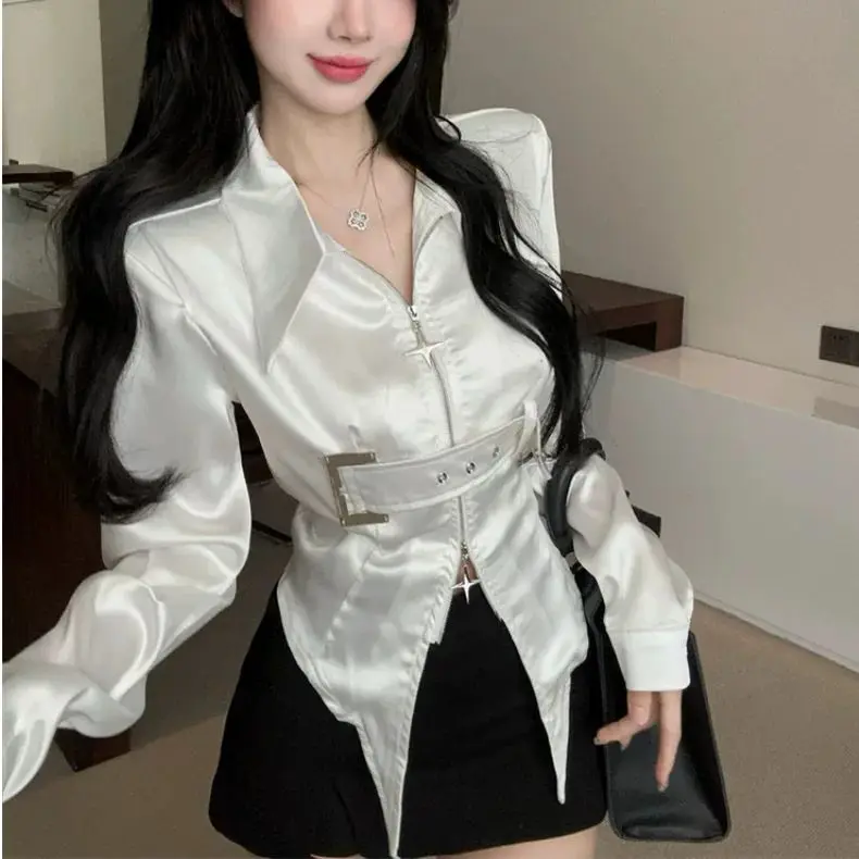 

Korea Metal Buckle Belt Slim Fit Shirts Women 2024 Early Autumnn New Black Blouses Y2k Grunge Long Sleeve Zipper Blusas Mujer