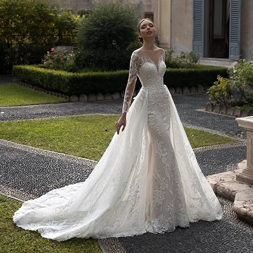

O-neck Long Sleeve Tulle Backless Bridal Gown Detachable Trailing Marriage Dress 2025 Luxury Mermaid Wedding Dress Customized