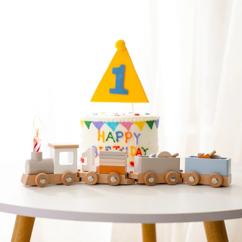 Train en bois pour bébé, jouet d'anniversaire, chariot en bois, apprentissage des chiffres et des blocs, jeu Montessori, YZ5