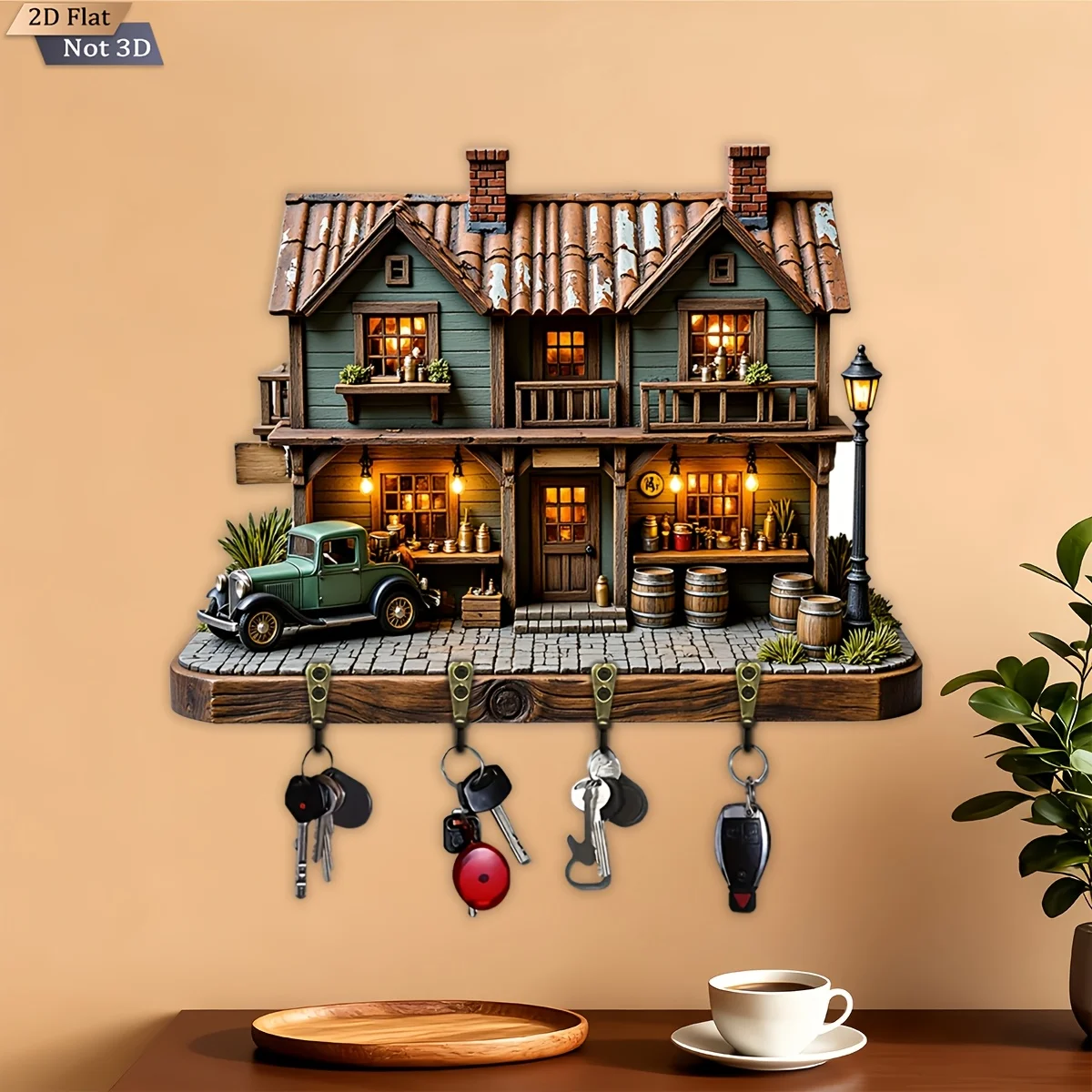 2D flach, 1 Stück, Schlüsselhaken im Retro-Stadt-Themen-Stil, multifunktionales Schlüsselregal aus Holz für Zuhause, mit vier Metallhaken, Wanddekoration,