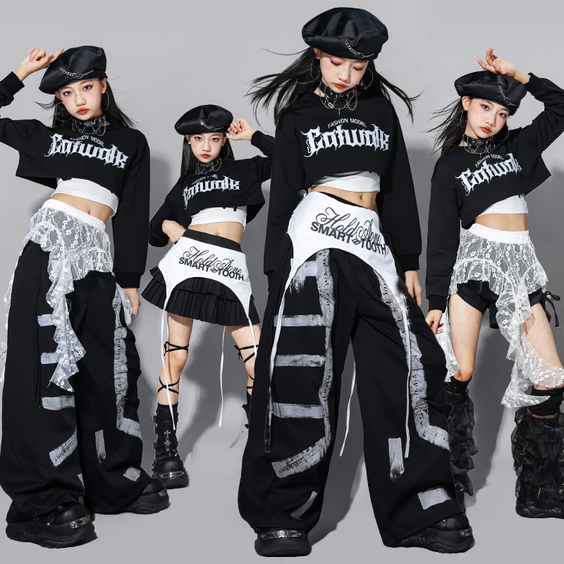 K-pop الفتيات الأسود المحاصيل تانك القمم الشارع الرقص البضائع الجينز السراويل الاطفال الهيب هوب الجاز السراويل الملابس مجموعة الأطفال الشارع الشهير ازياء