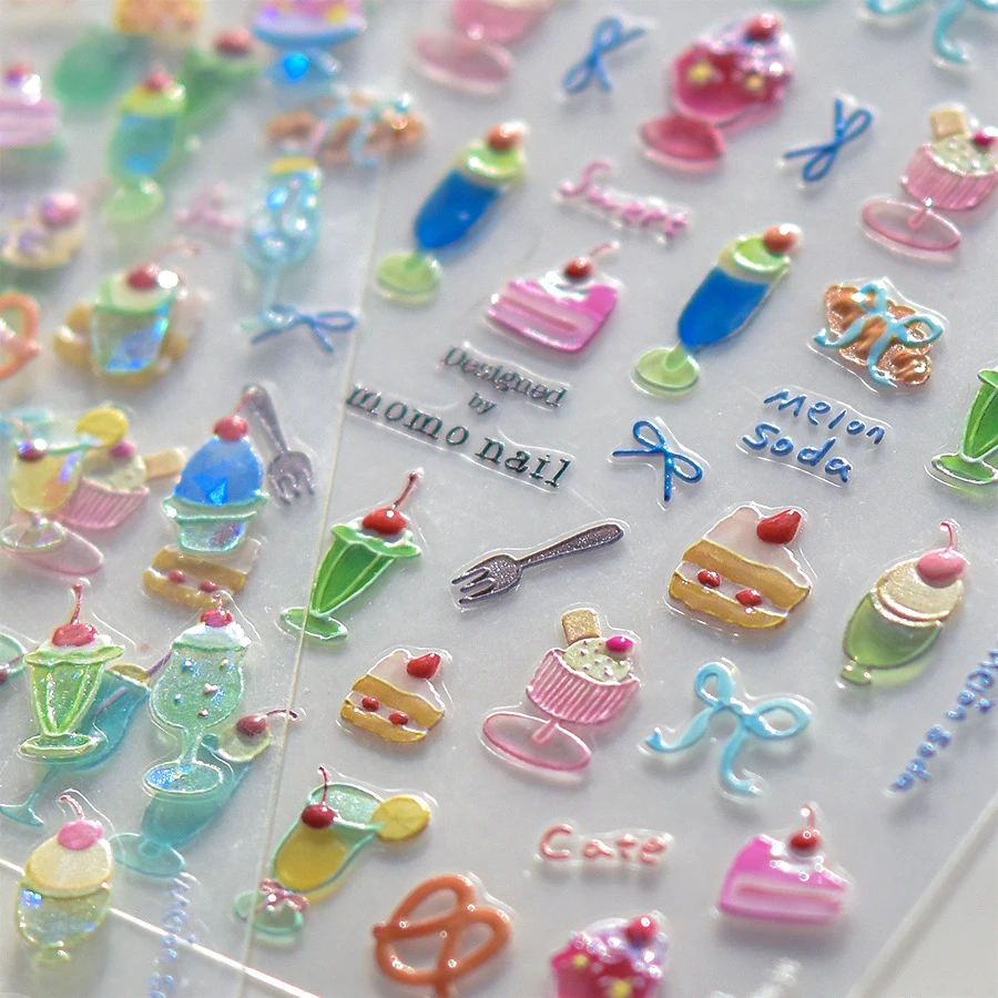 5D colorful food nail stickers pudding alkaline water bow cream fork cup bread jelly fruit design cake embossed nail art sticker