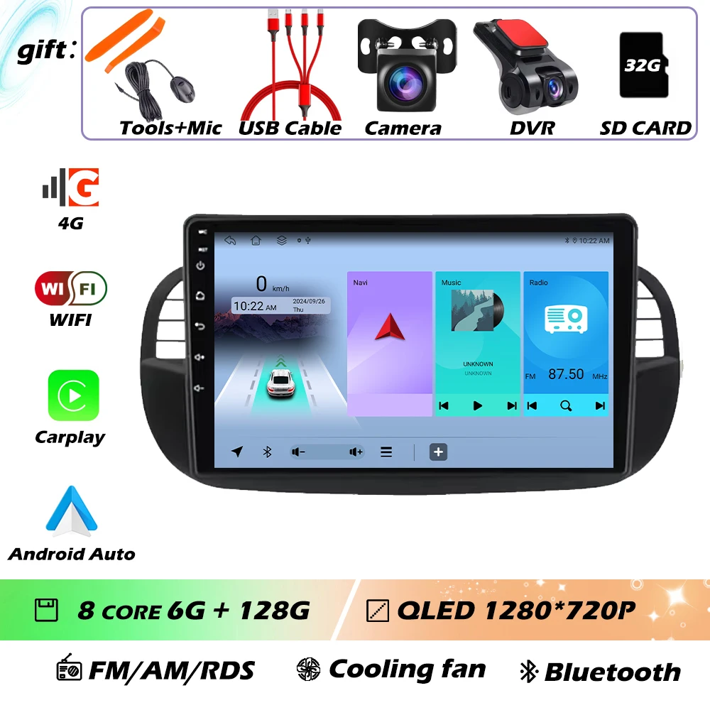 9 ''Android 16 Autoradio Stereo voor Fiat 500 2007-2015 met GPS Navigatie Stuurbediening Multimedia Carplay auto WIFI - afbeelding 1