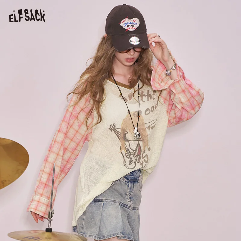 ELFSACK 2025 Summer New Arrival Plaid Patchwork Print V-Neck Knit Top Lagenlook Lazy Style Designer Cover-Up For Woman