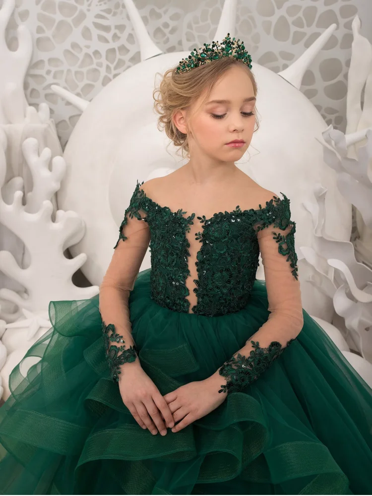 Customized Flower Girl Dresses Green Tulle Puffy Appliques Pattern Tiered Long Sleeve For Wedding Birthday Banquet Princess Gown