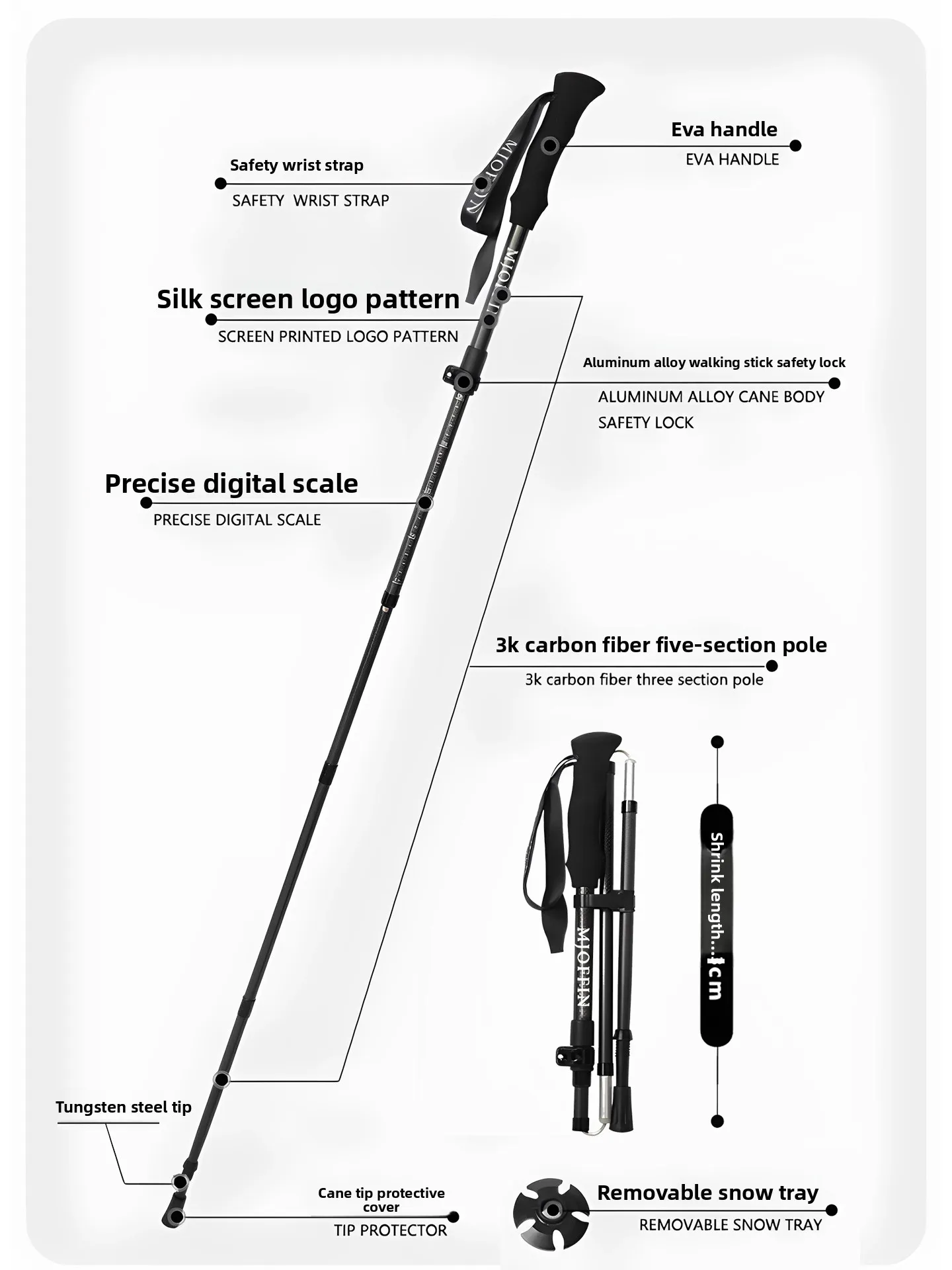 عصا المشي لمسافات طويلة خفيفة للغاية من ألياف الكربون 3K، عصا مشي تلسكوبية قابلة للطي بخمسة أقسام، خفيفة الوزن والمشي لمسافات طويلة احترافية