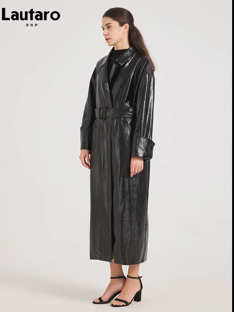 Lautaro Spring Autumn Oversized Extra Long Black Shiny Reflective Patent Leather Trench Coat for Women Belt Maxi Overcoat 2024