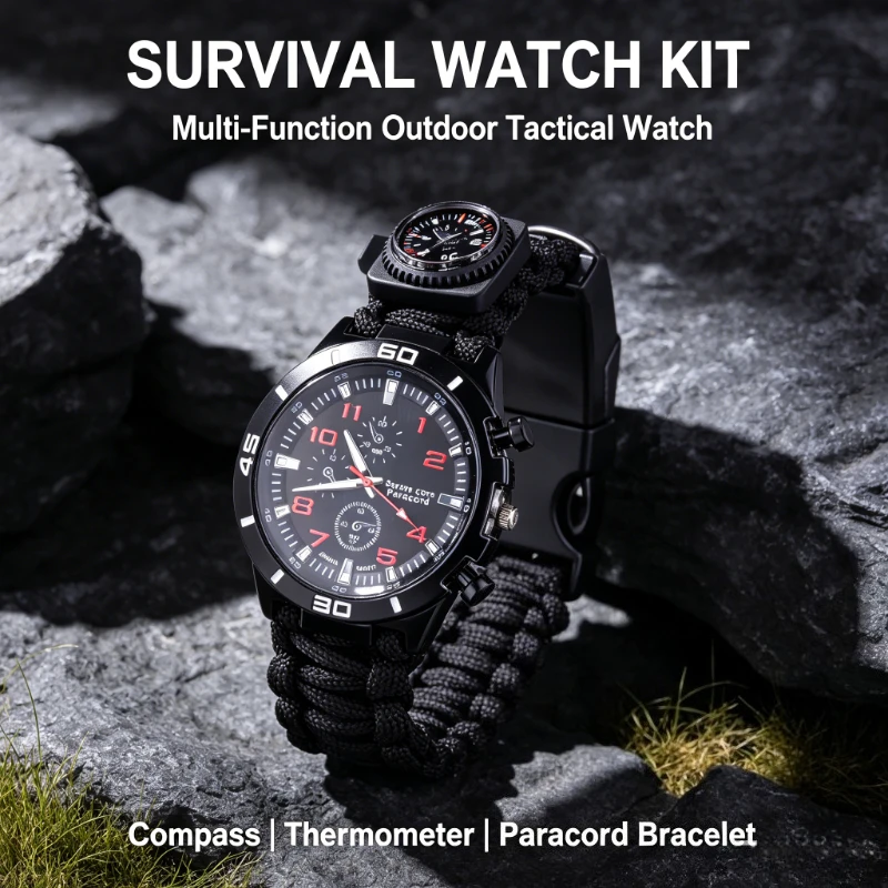 4-in-1 Tactical Paracord Watch Bracelet, 7-Core 550LB Umbrella Rope with Flint-Compass, All-in-Survival Gear for Camping Hiking