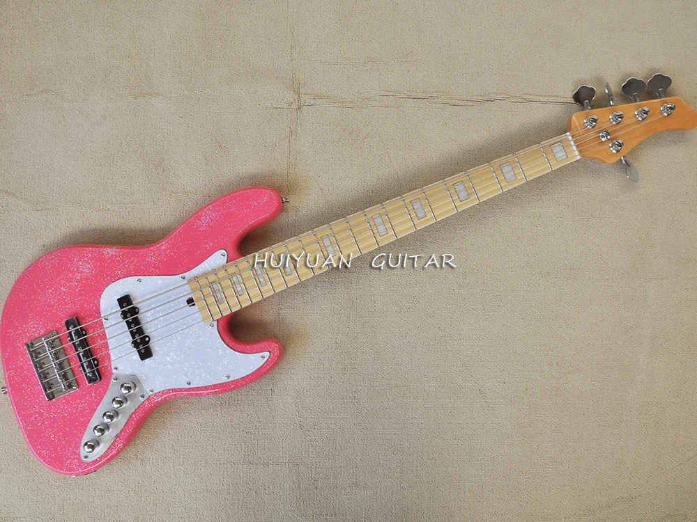 5 Strings Sparkle Pink Electric Bass Guitar with Maple Fretboard,White Pearl Pickguard,Customized Logo/Color Available