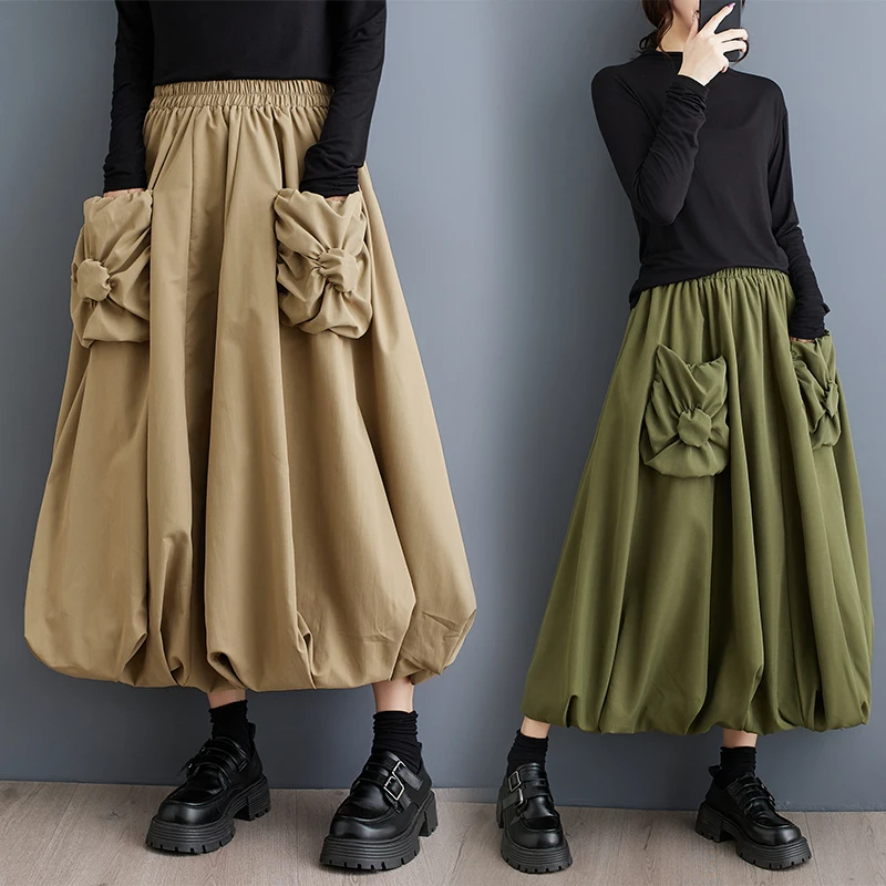 

Весенне-осенняя женская двухслойная юбка-фонарик с цветочным бутоном, повседневная свободная дизайнерская юбка средней длины, чувственная f-длина