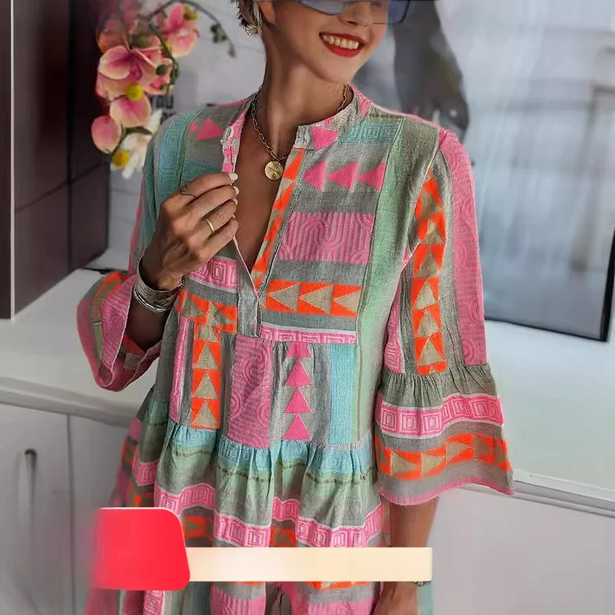 秋の新作 レディース ドクタープリント Vネック 七分袖 ドクタープリント コットンリネン素材 ベルスリーブ ヨーロピアンスタイル